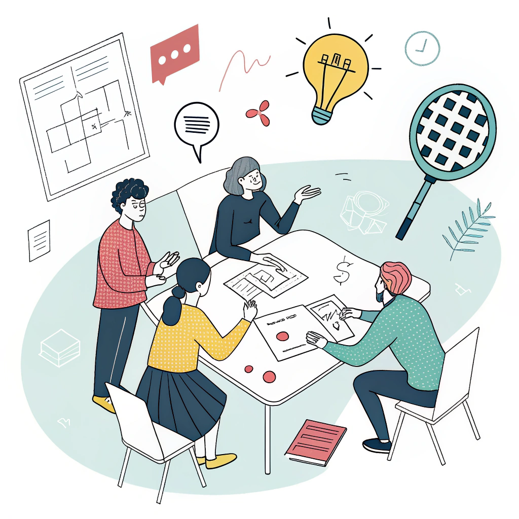 Minimal flat illustration of a design meeting for padel racket customization