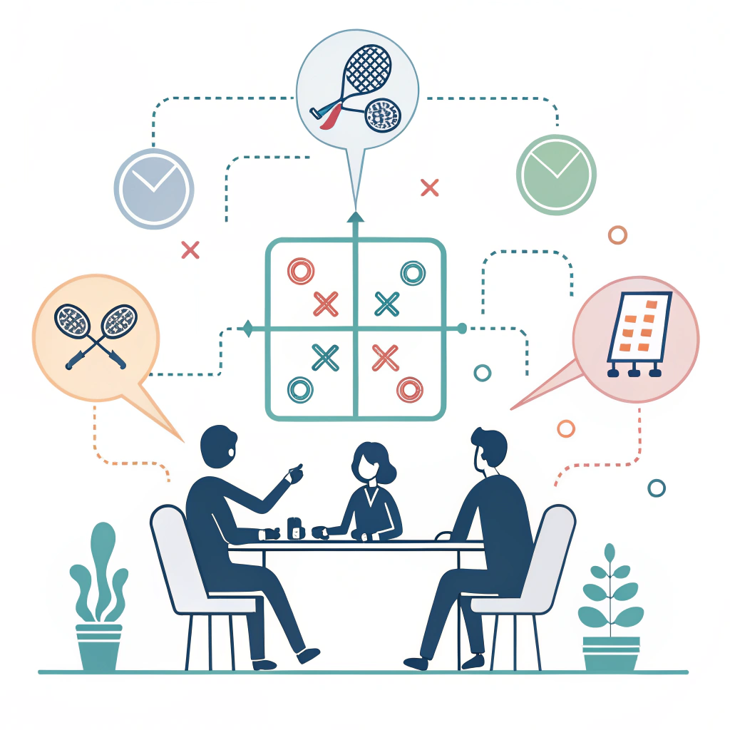 Flat design illustration of a collaborative planning meeting with abstract padel equipment symbols and strategic lines