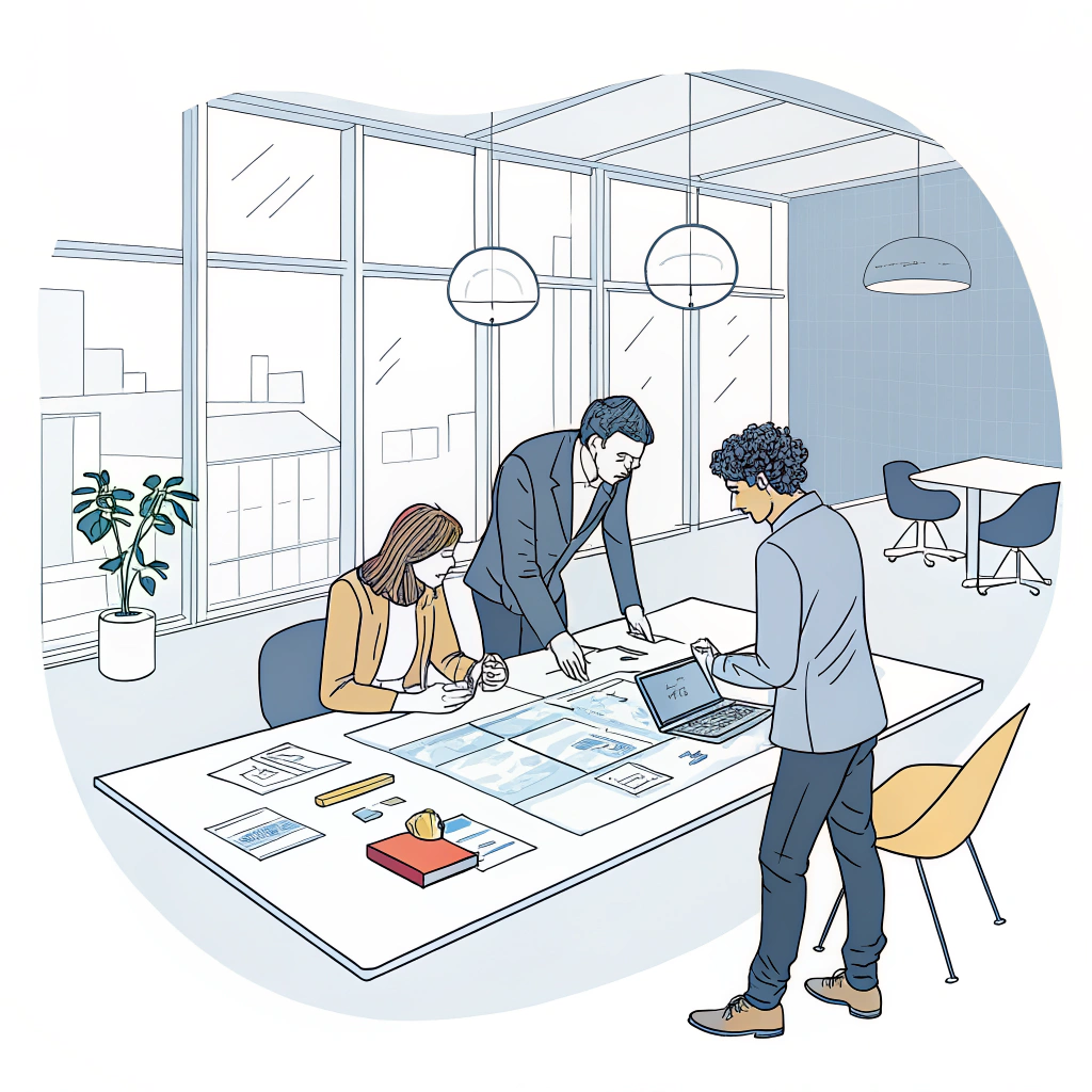 Minimal illustration of professionals collaborating over padel racket design in an office setting