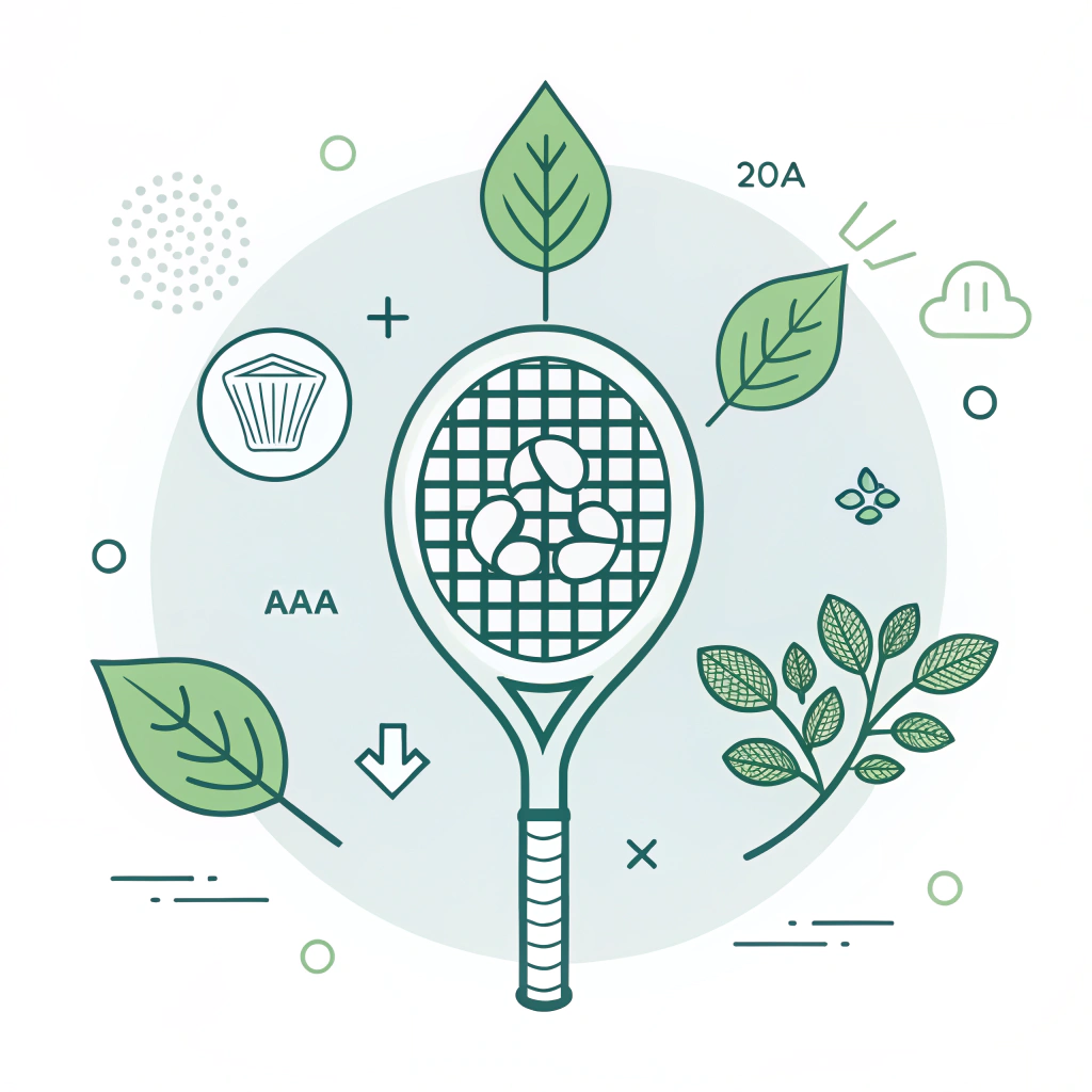 Minimal flat illustration of a padel racket with eco symbols in a simple style