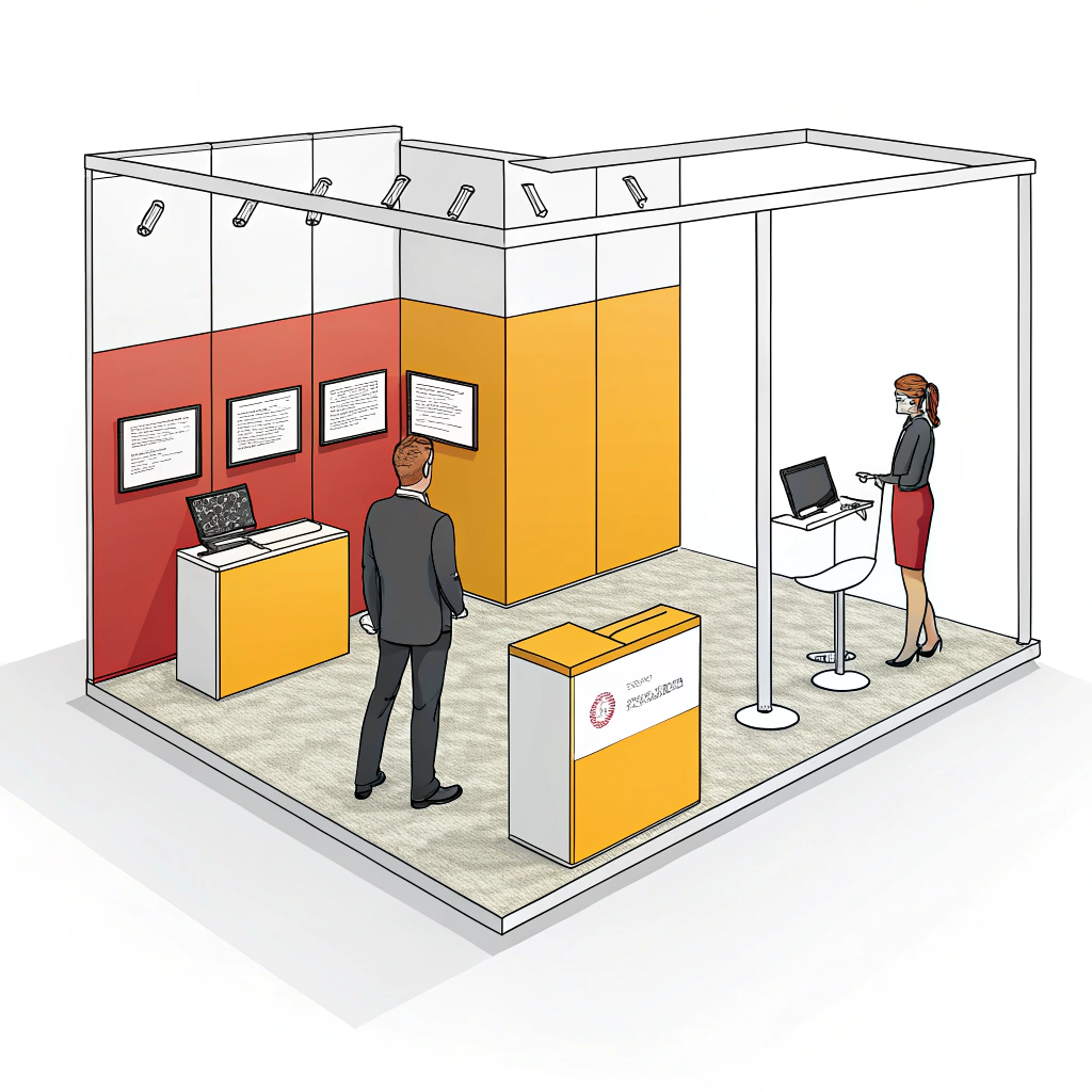 Minimalist illustration of a modular and flexible trade show booth design