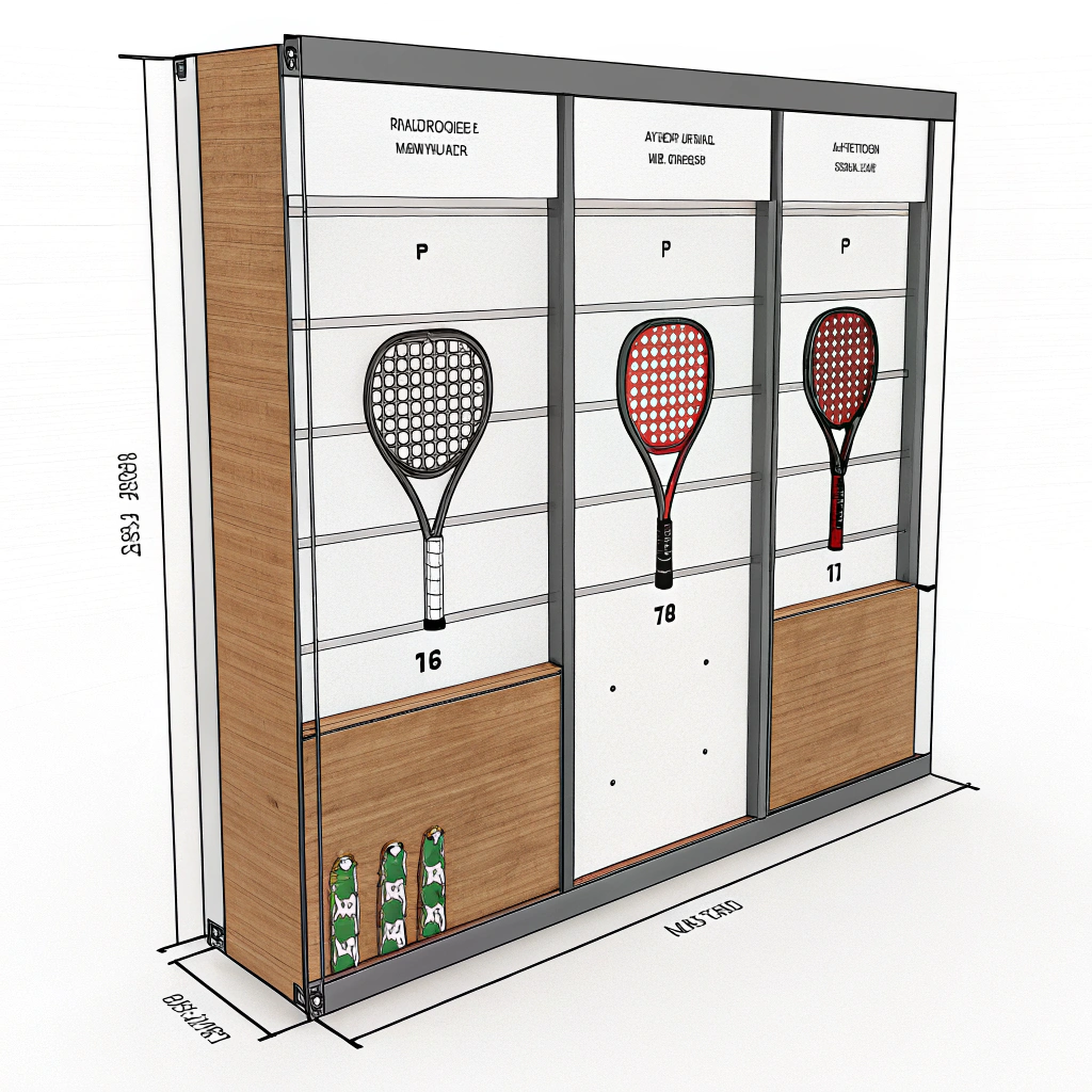 A minimalistic 2D illustration of a modular, cost-effective padel racket display wall with varied panels.