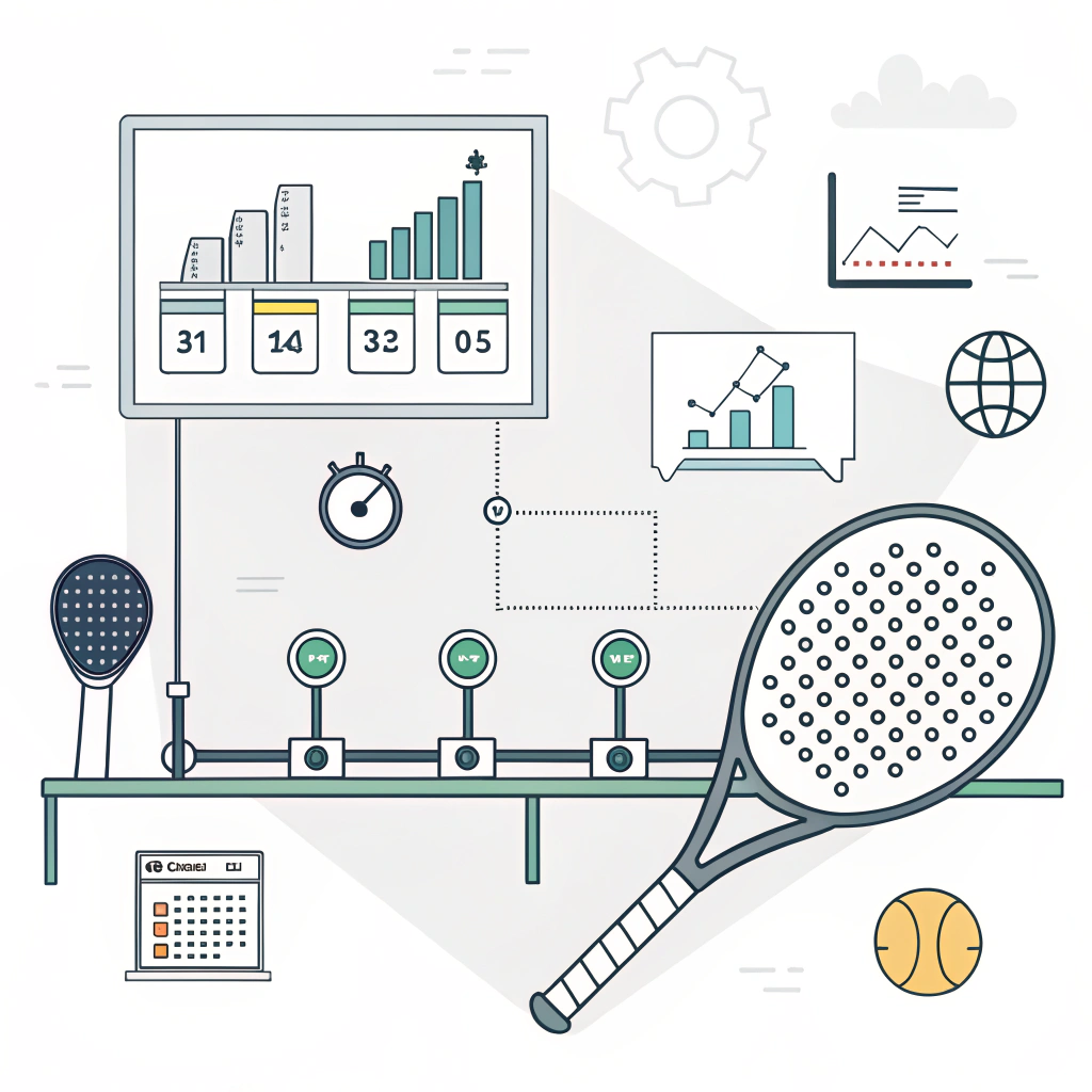 Flat 2D illustration of padel rackets with abstract dashboards and icons