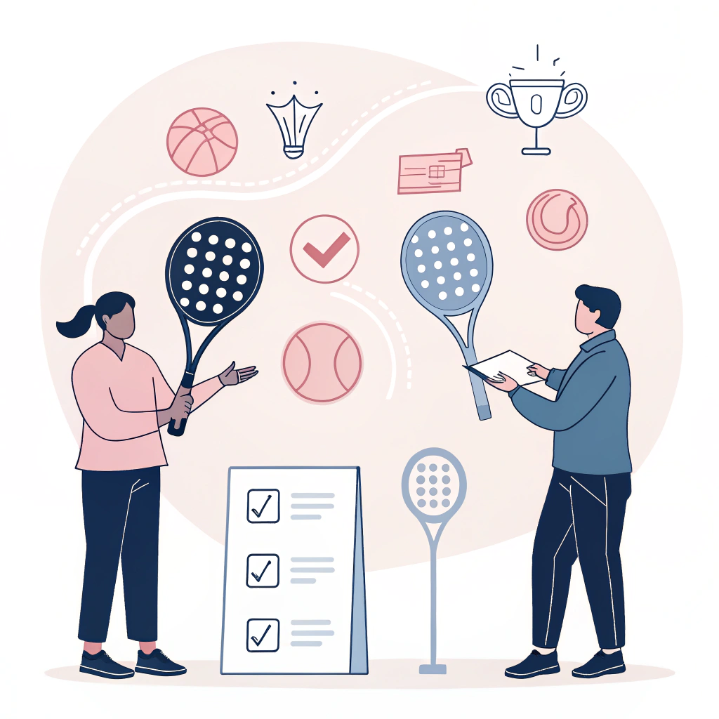 Minimal 2D illustration of procurement managers reviewing padel racket designs
