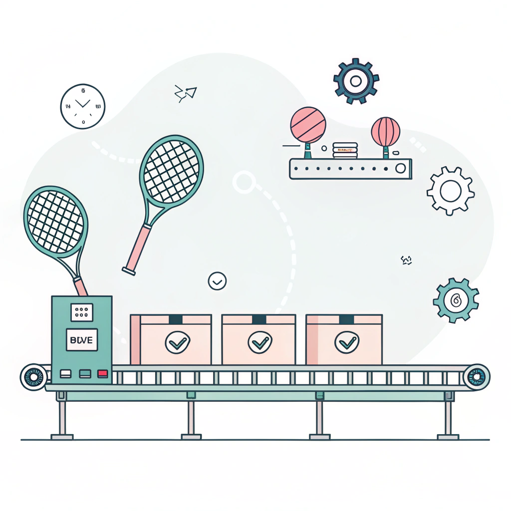 Flat style illustration of a padel racket production line with quality icons.