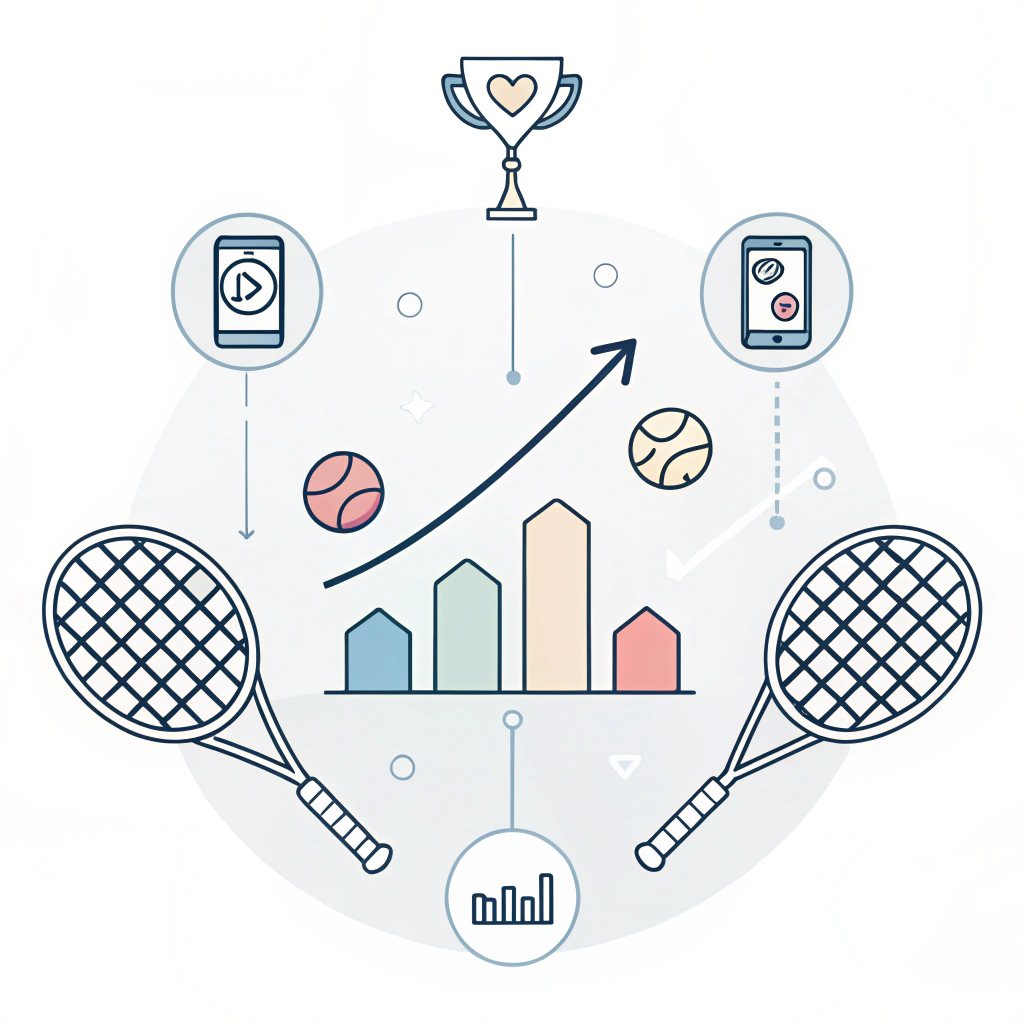 Minimalist conceptual illustration of hybrid marketing synergy with padel equipment and digital elements.