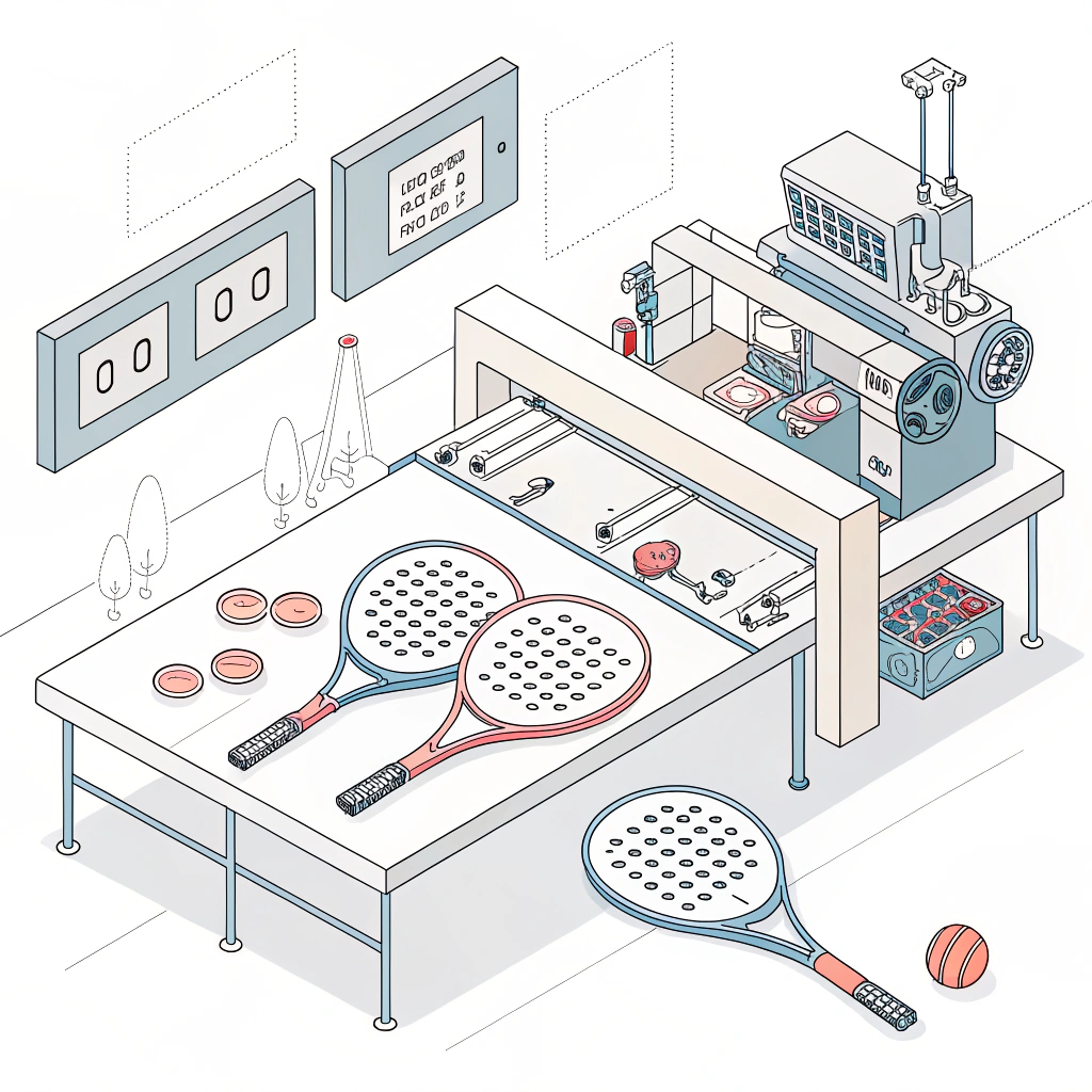 "Flat minimalist illustration of padel racket prototyping in a modern workshop."