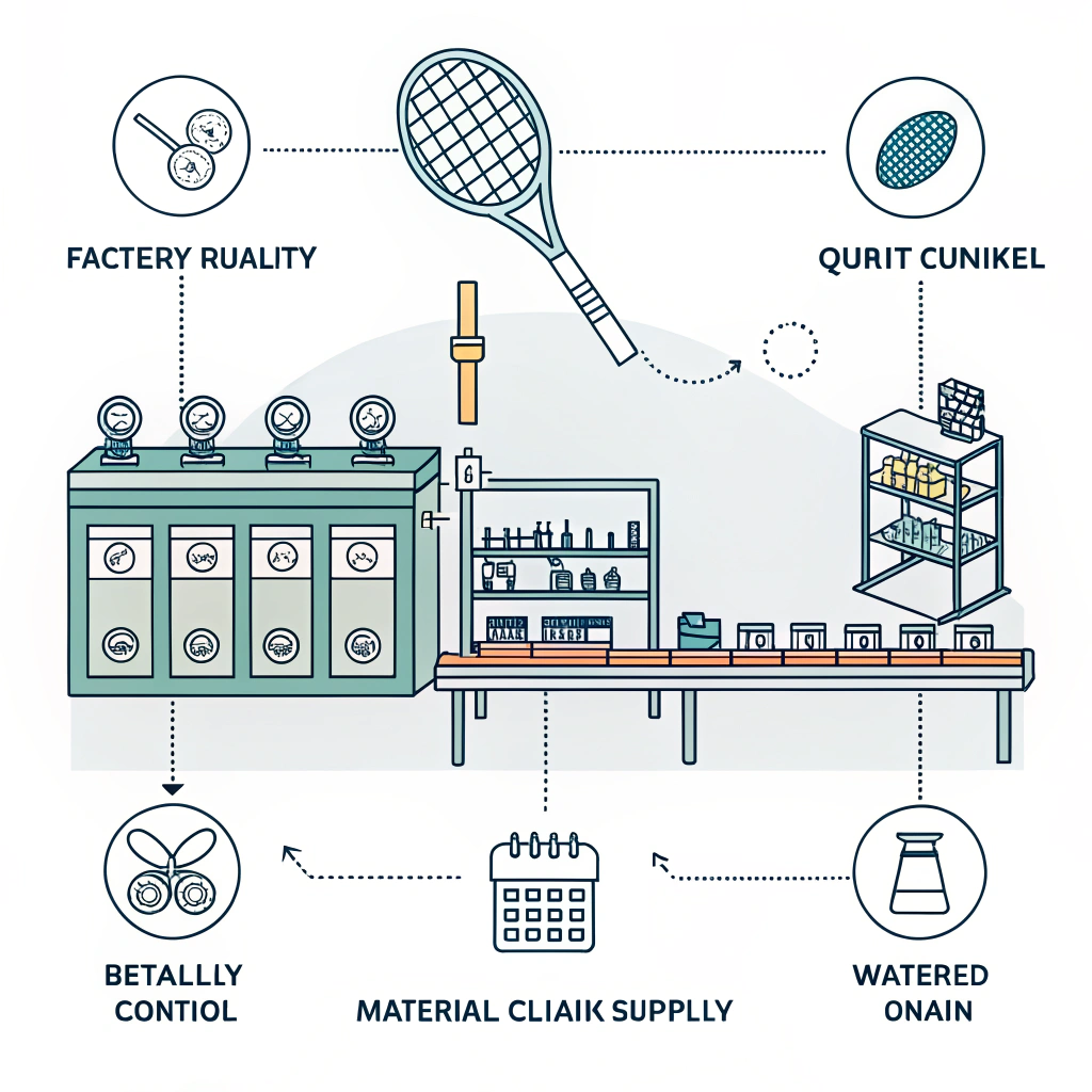 Minimal flat illustration showing a streamlined padel racket manufacturing line with quality control icons.