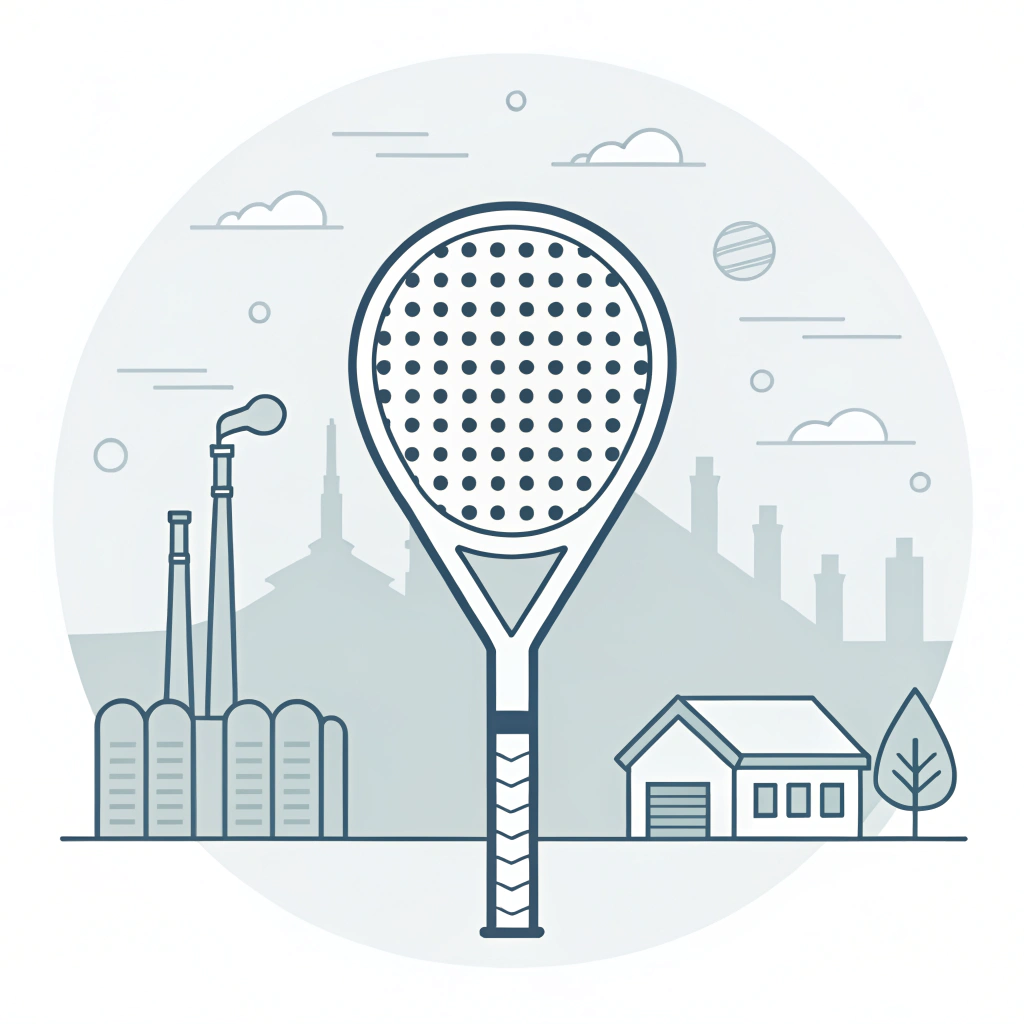 Minimalist 2D illustration of a padel racket with abstract factory elements