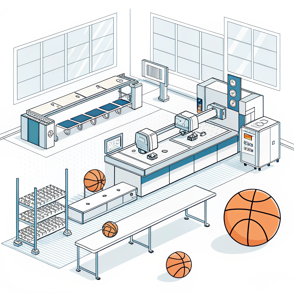 Minimalist illustration of a futuristic custom sports equipment manufacturing facility