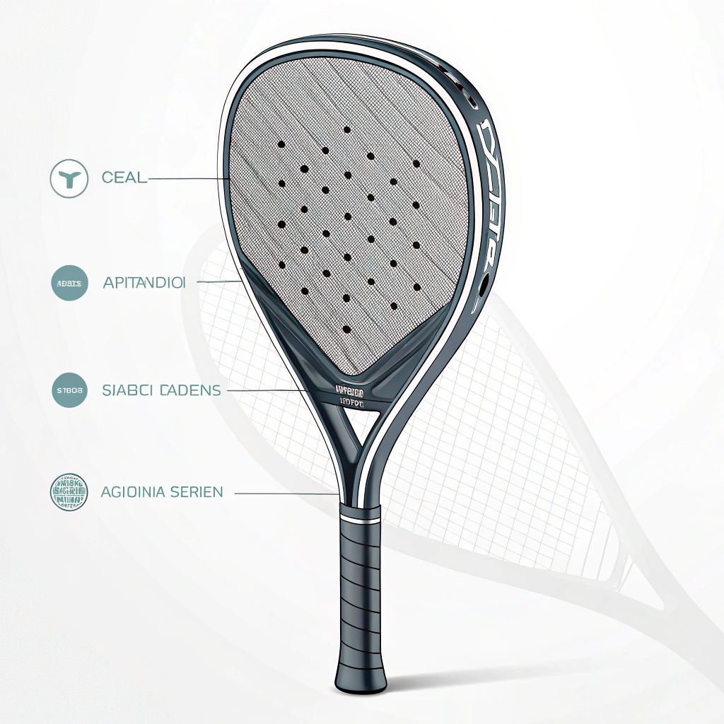 2D minimal illustration of a high-performance padel racket with carbon fiber details