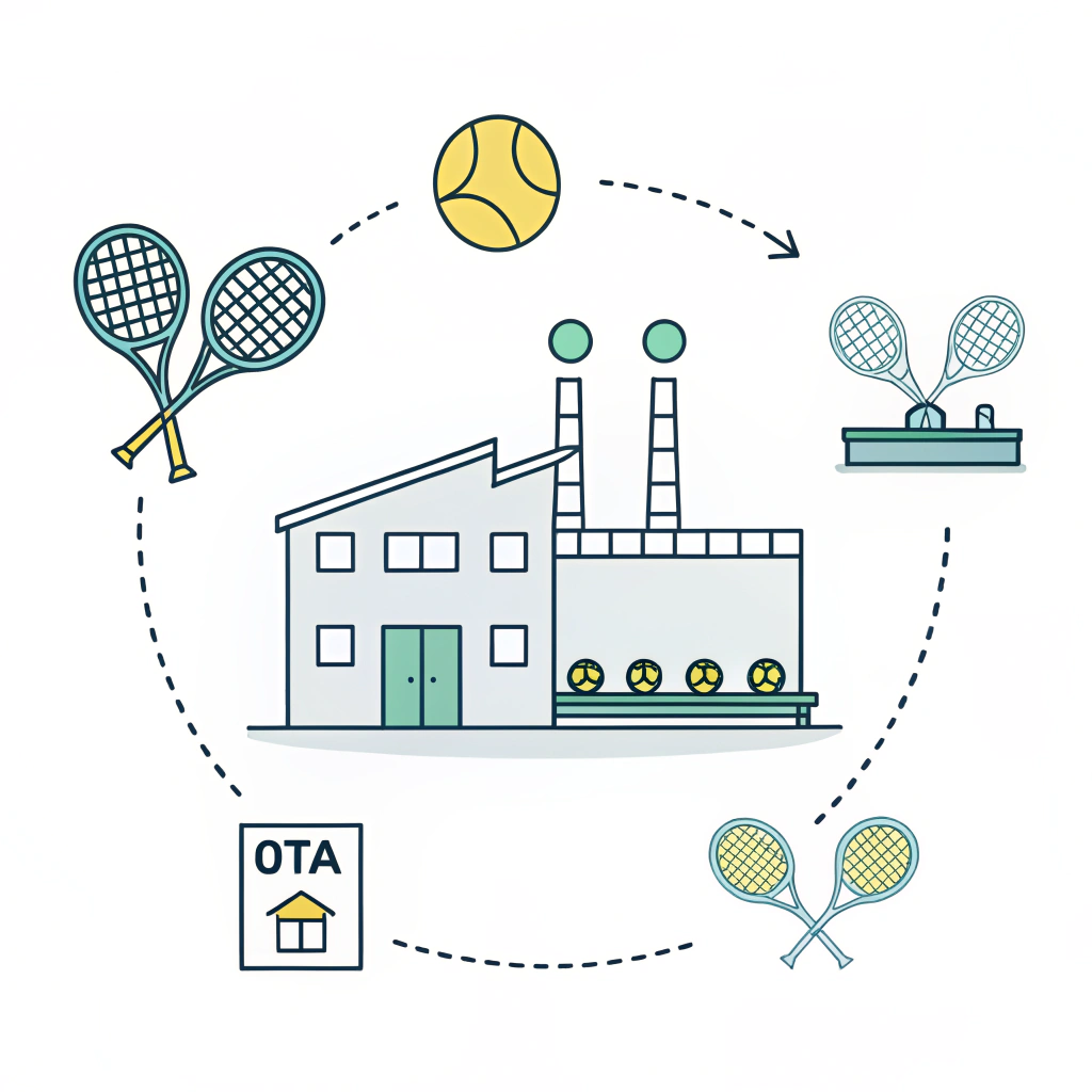 minimalist 2D illustration featuring a factory and padel equipment assembly
