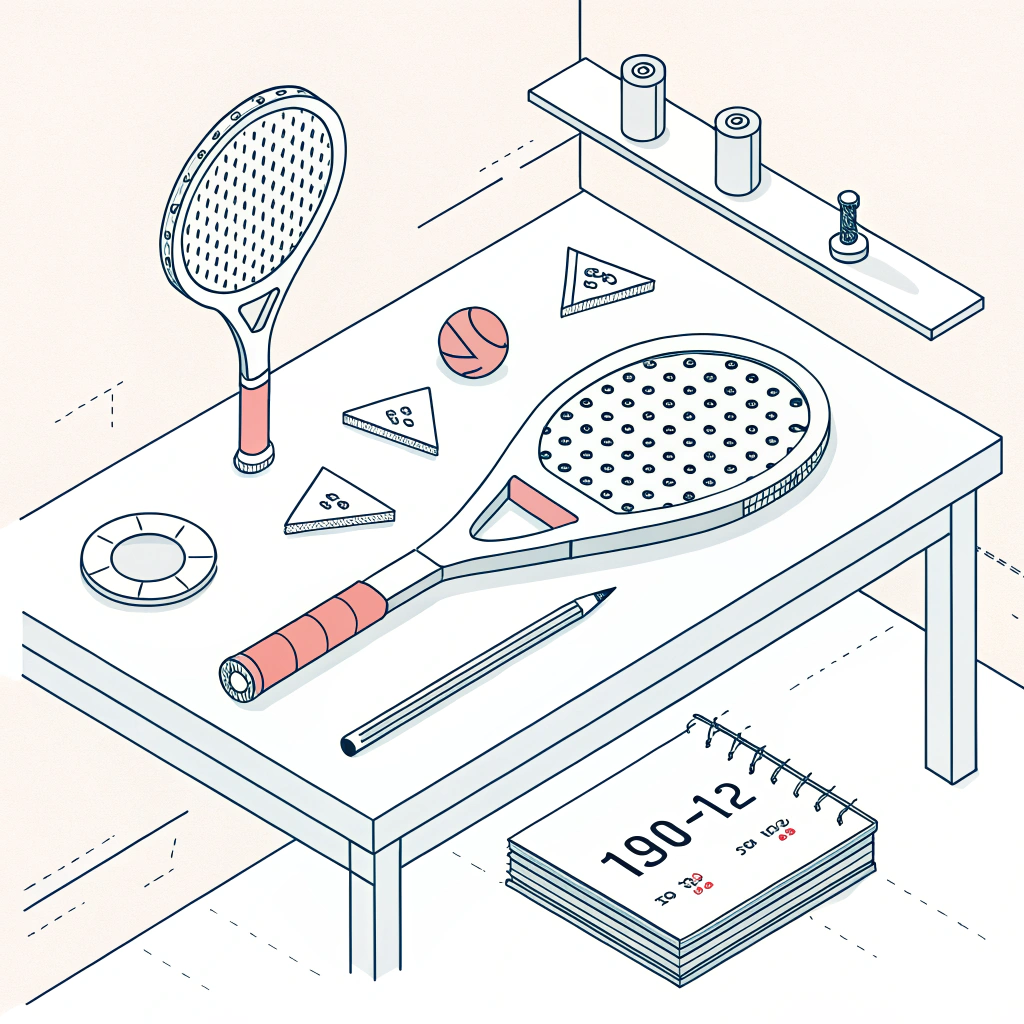Minimalist 2D depiction of padel racket quality control and inspection.