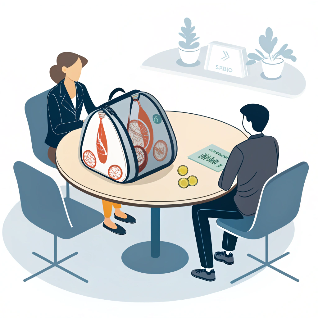 Minimalist illustration of a meeting discussing transparent and printed padel racket bags