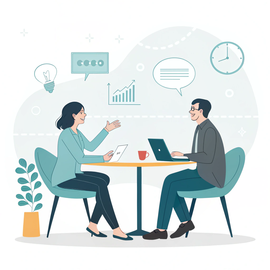 minimalist 2d illustration of business professionals engaged in a strategic negotiation