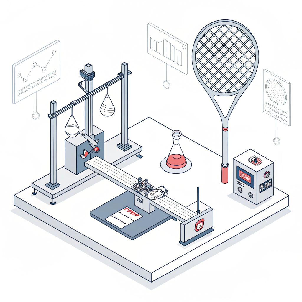 Minimalist 2D illustration of a padel racket testing lab with geometric lab equipment.