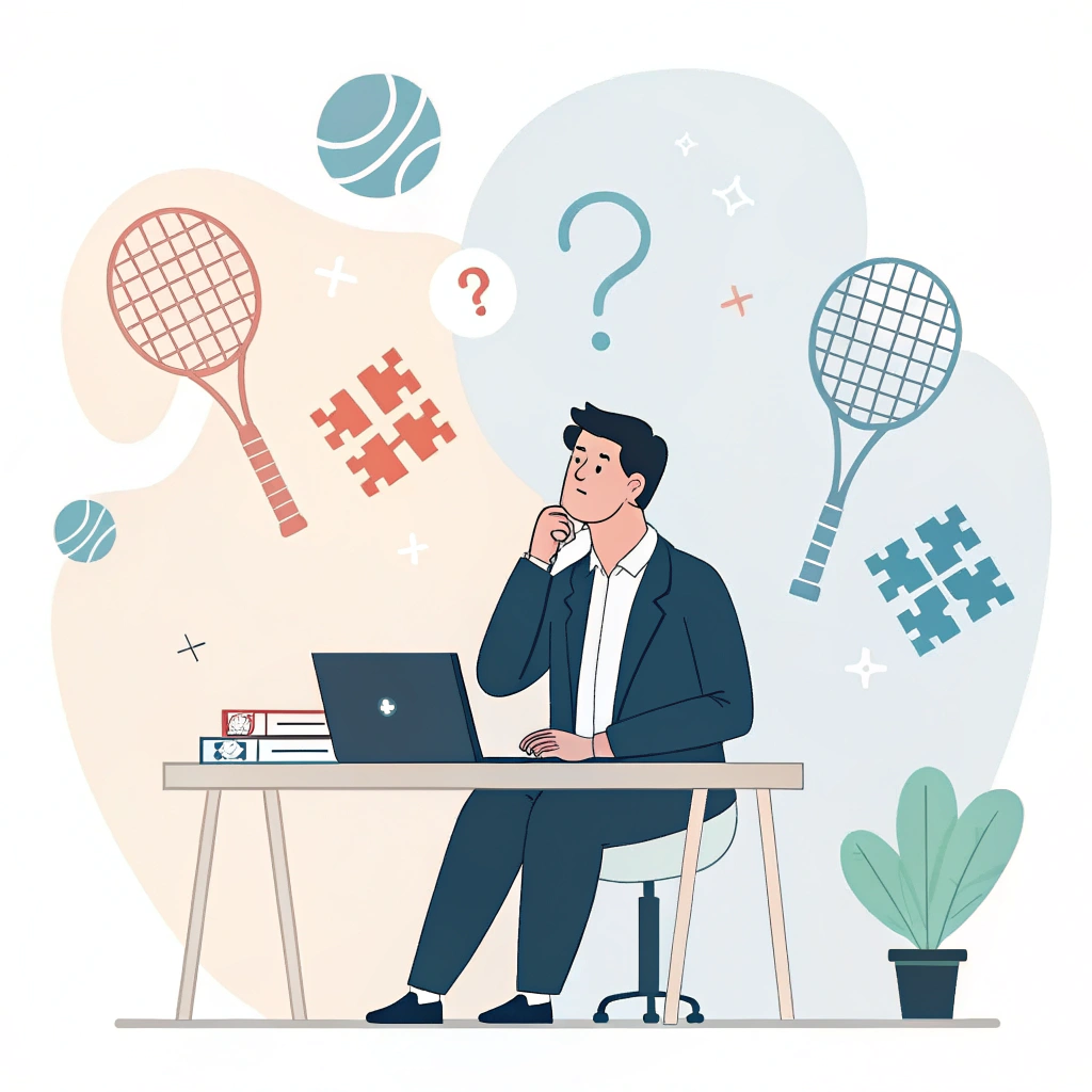 Minimal illustration of a manager contemplating padel racket technical details with abstract elements