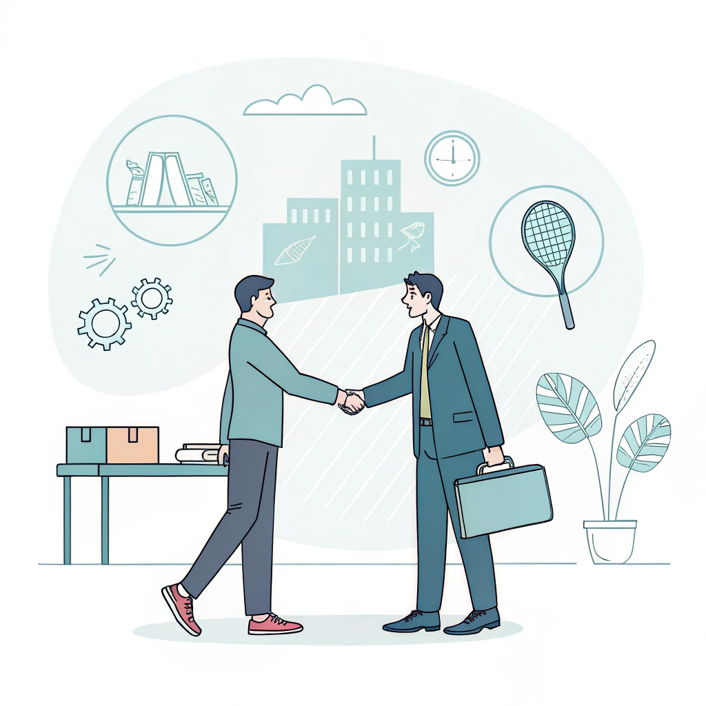2d minimalist illustration of business handshake with padel racket elements