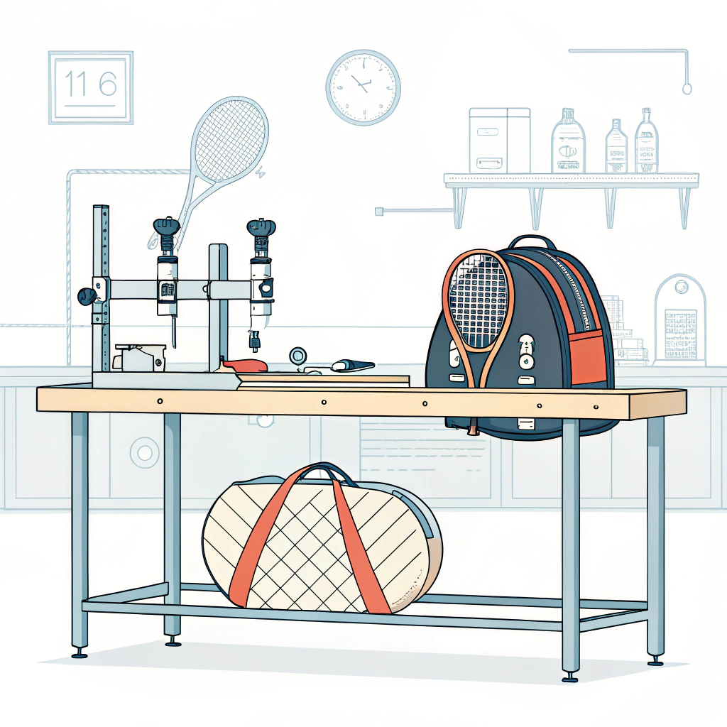 Minimalist illustration of a custom padel bag in a modern manufacturing workspace