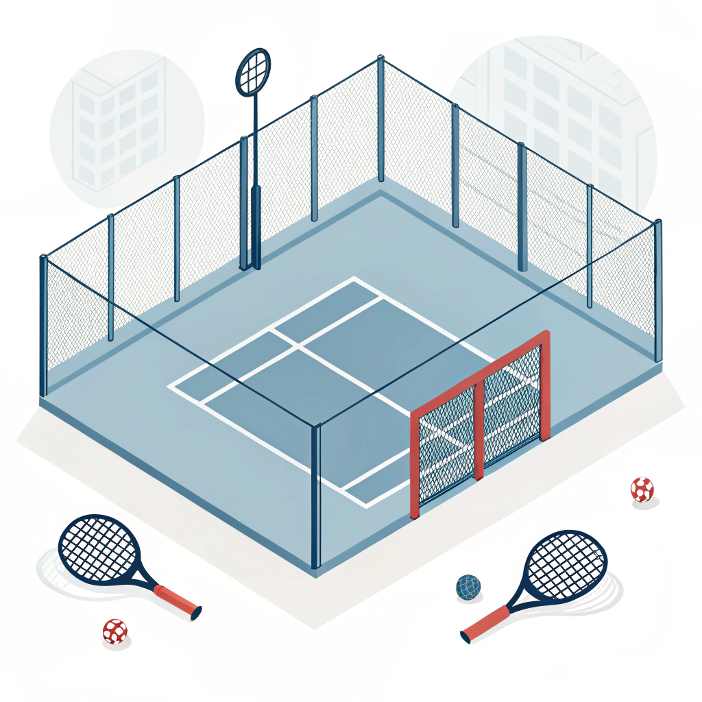 Minimalist padel club scene with court and rackets in flat design.