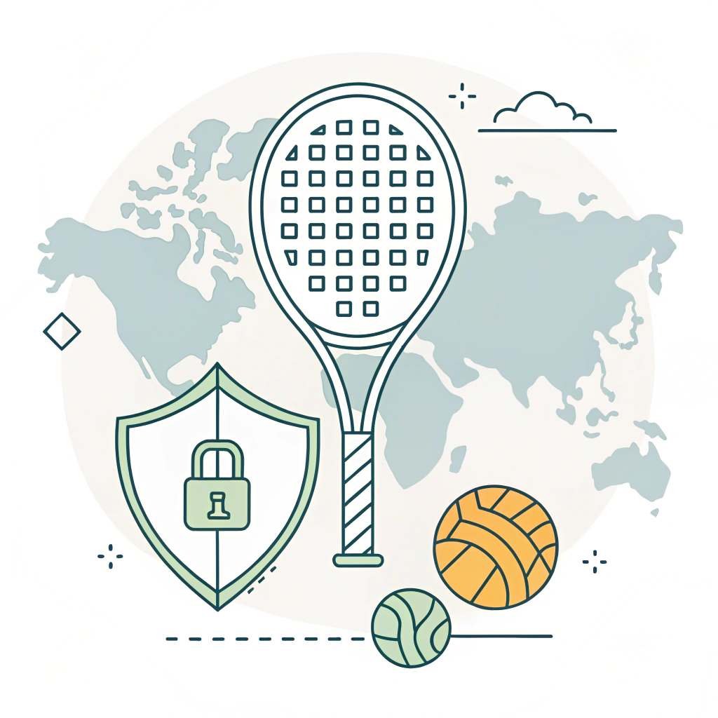 Minimal 2D illustration of a padel racket with abstract global security elements.