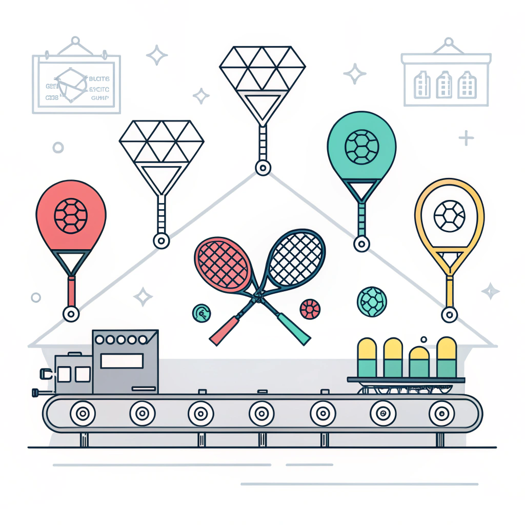Minimal illustration showing efficient padel racket production with quality control processes.