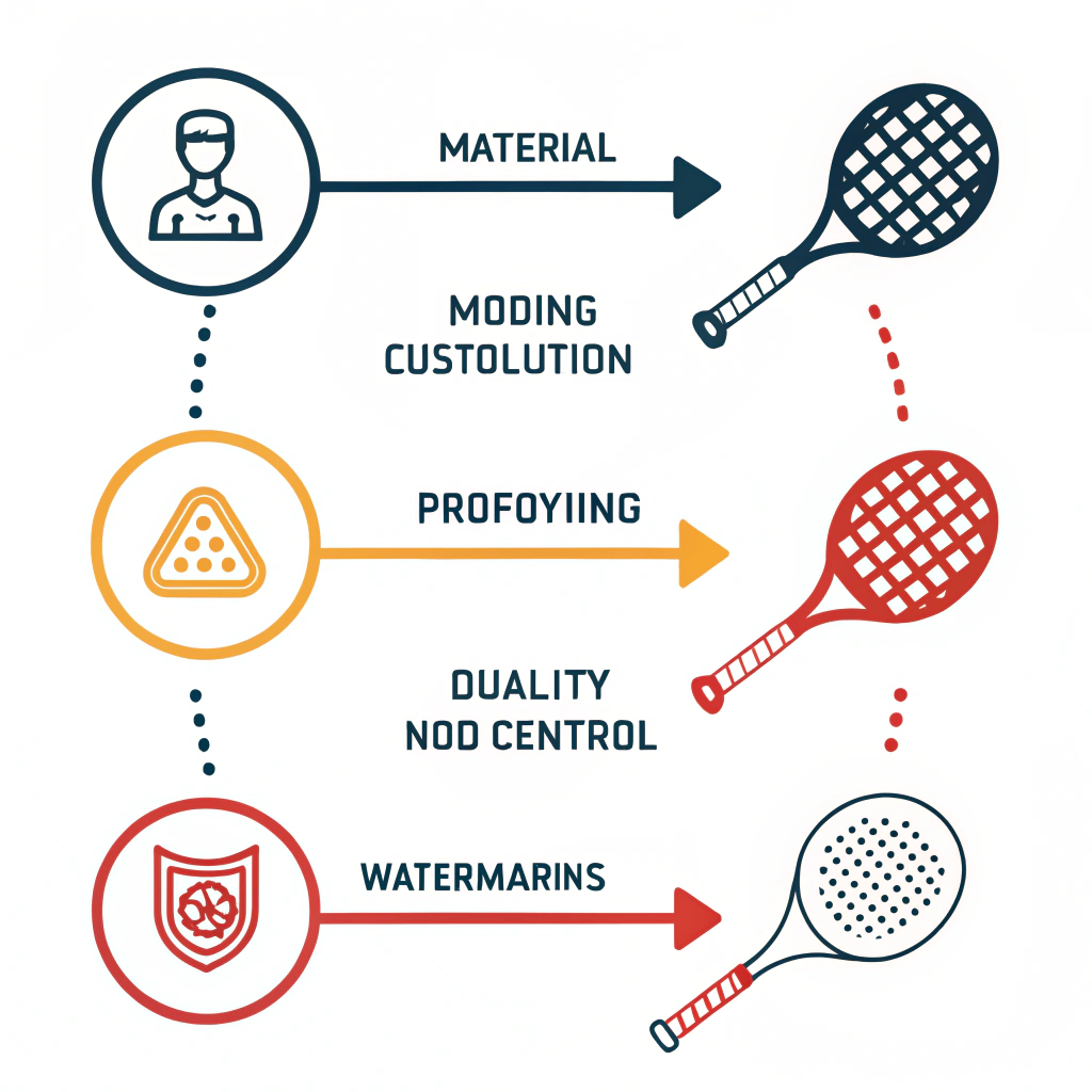 Simplified infographic showing stages of padel racket manufacturing in a clean 2D style