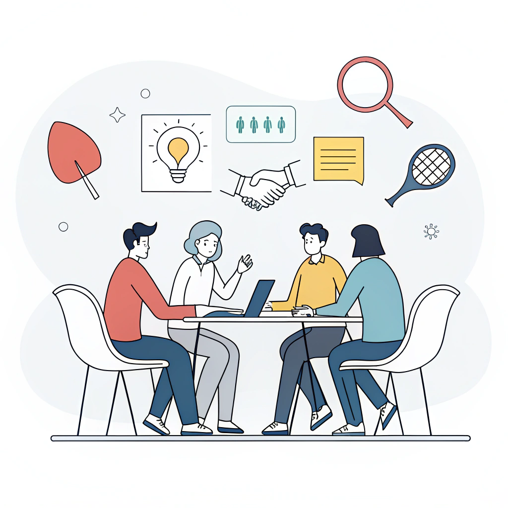 Minimal vector illustration of a collaborative negotiation meeting with padel influences