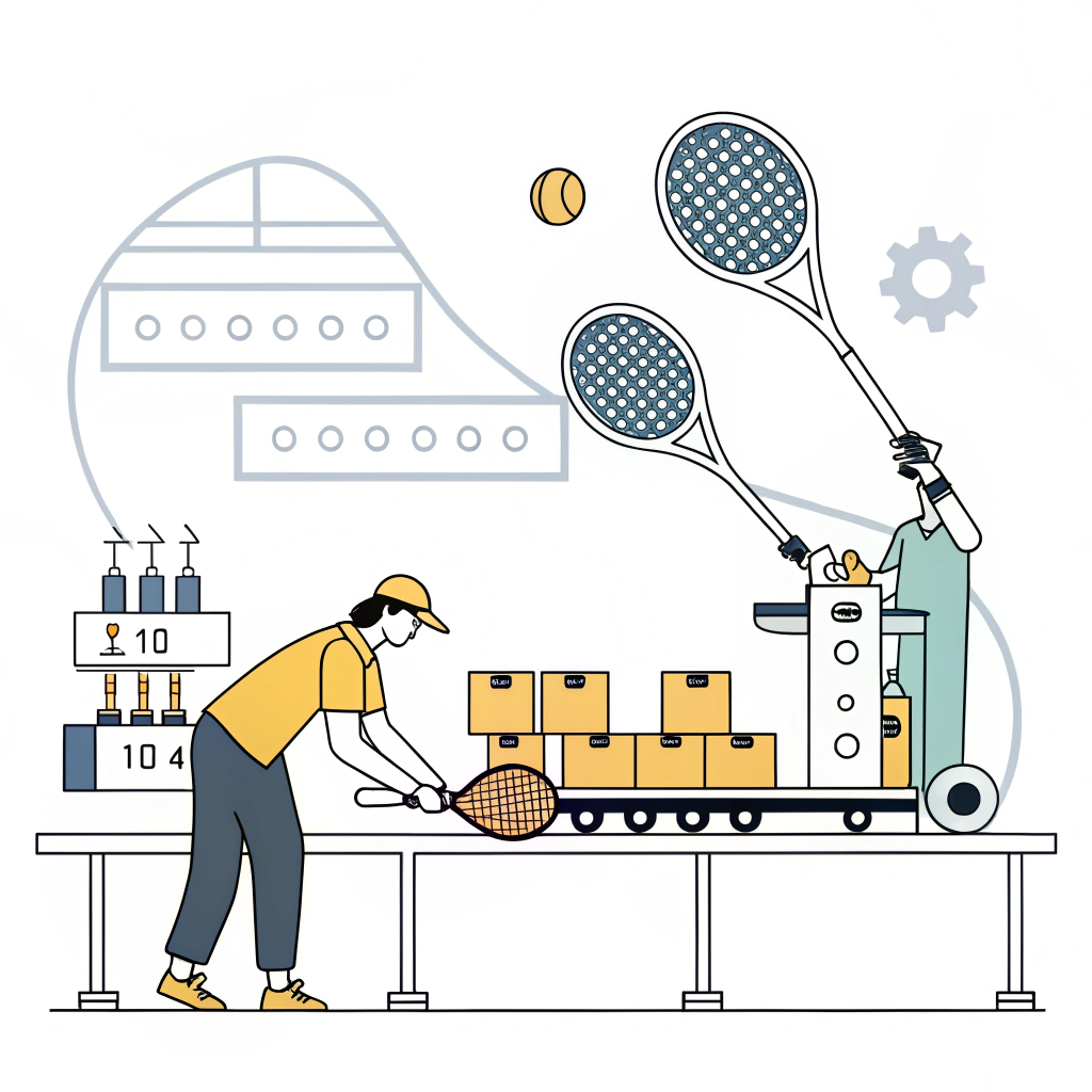 Clean vector illustration of padel racket manufacturing with abstract precision elements