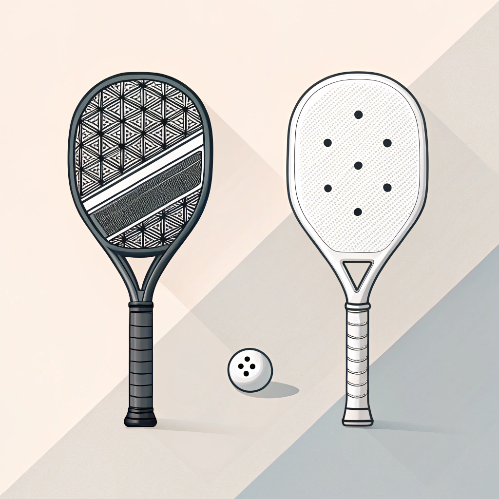 Minimalist split design showing a detailed padel racket and a simple pickleball paddle