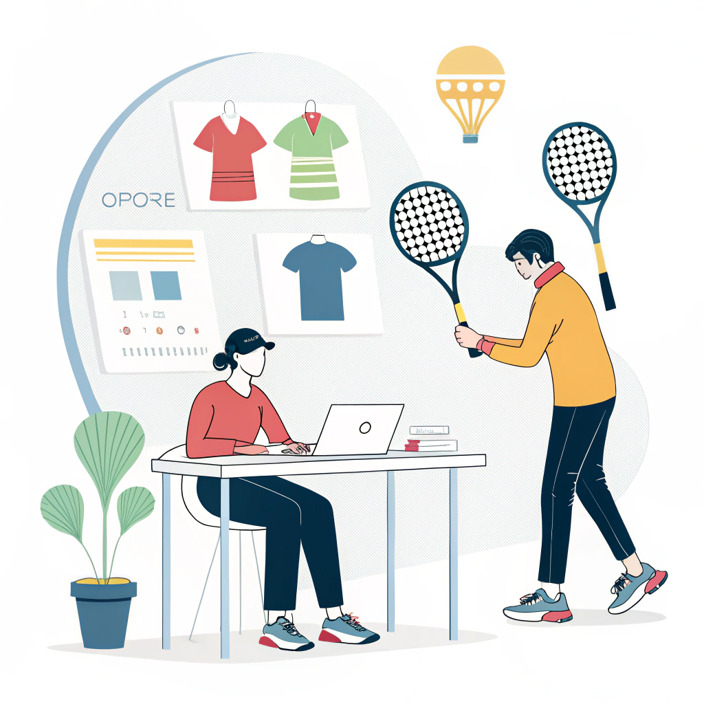 Flat-style illustration of a boutique brand assessing custom padel rackets in a modern setting