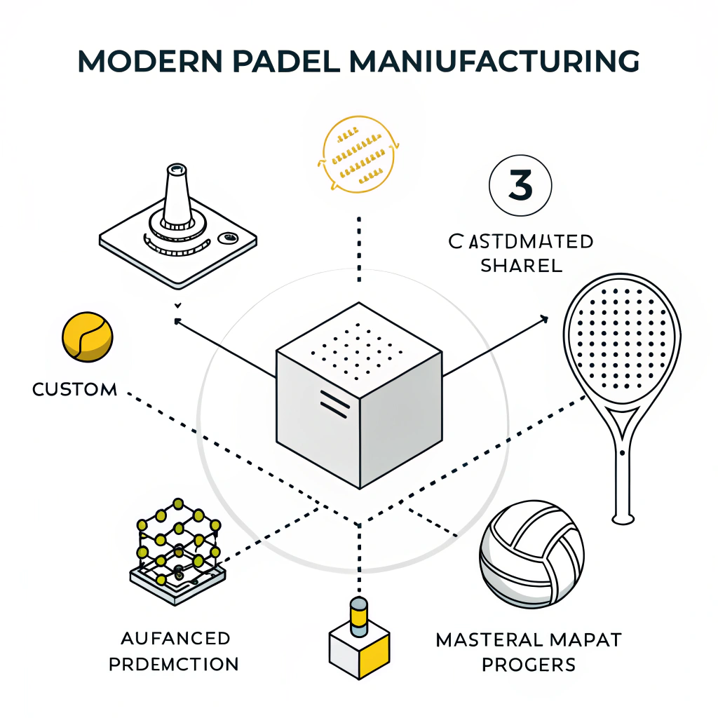 Minimalist 2D illustration of advanced, customizable padel equipment production