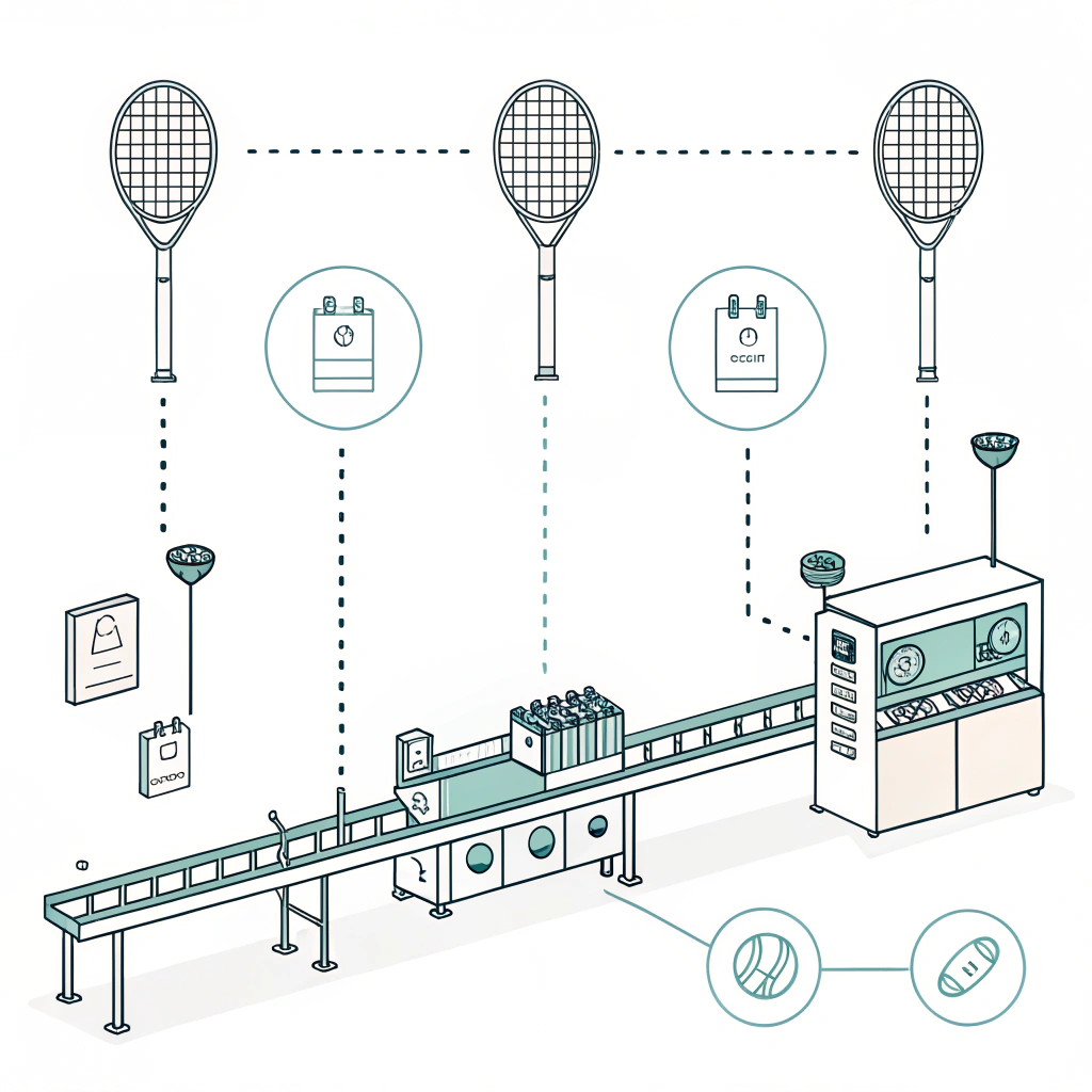 Simplified 2D illustration of a padel racket production line with sensor and automation details