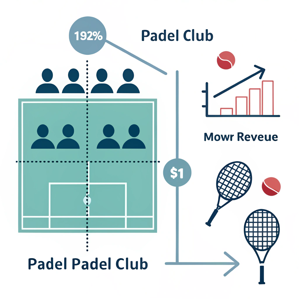 Minimalistic 2D illustration of a padel club with membership and revenue elements