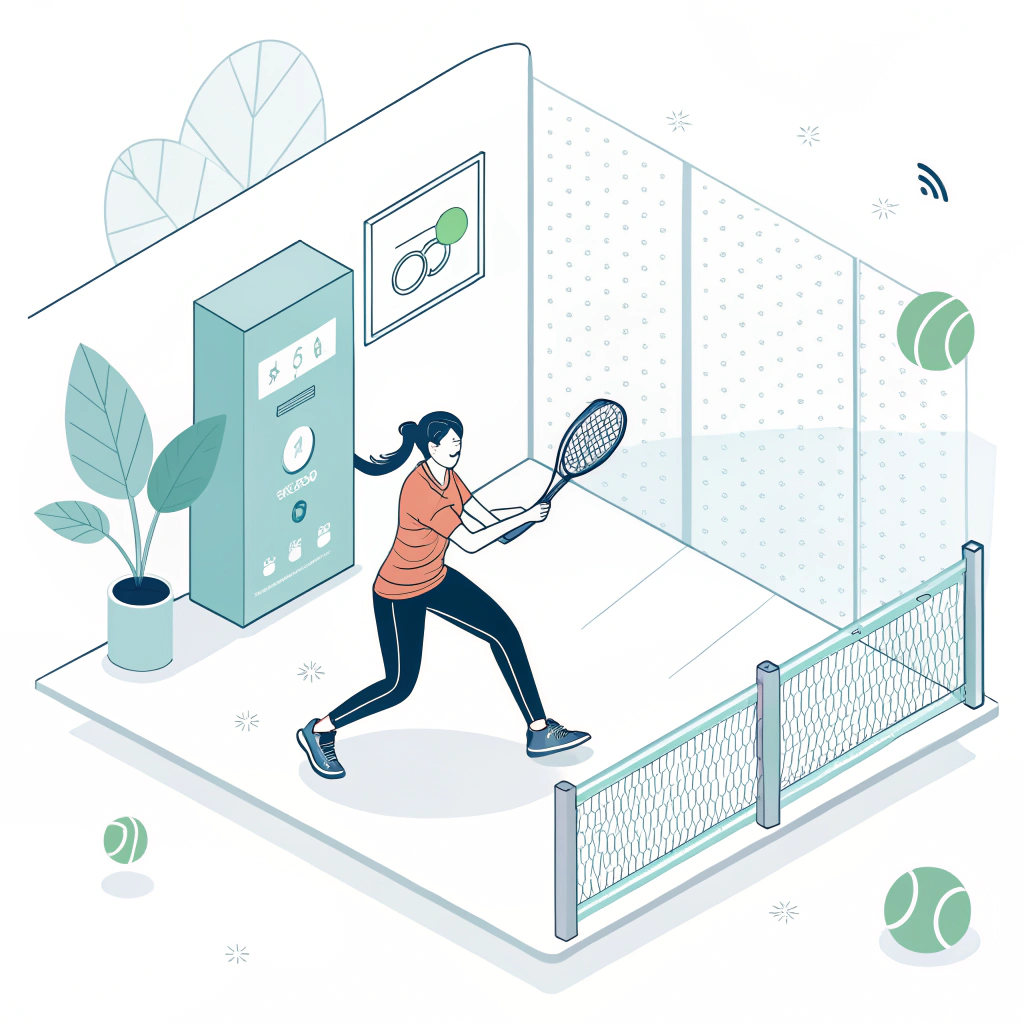 Minimalist 2D illustration of tech-enhanced padel packaging with sustainable design elements