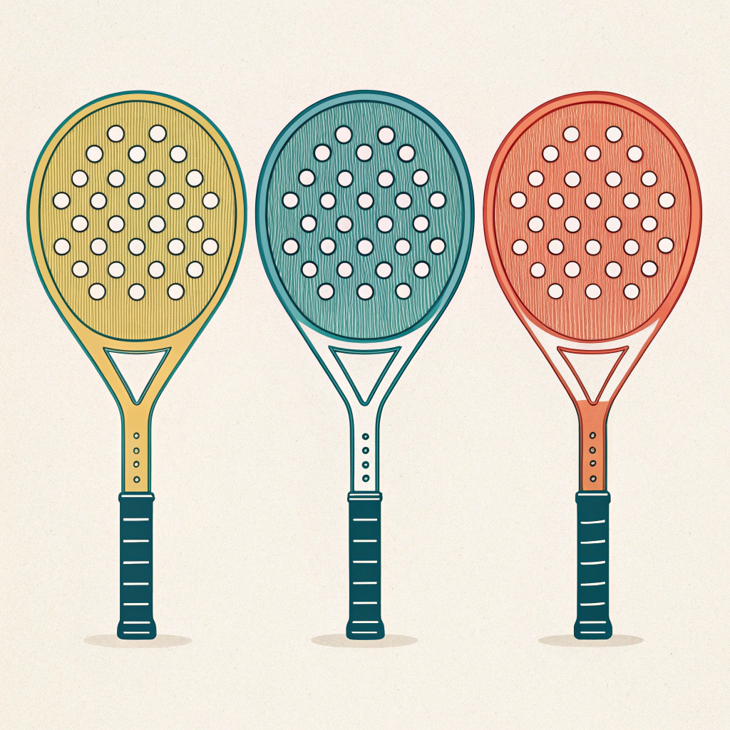 2D illustration of three customizable padel racket shapes in a flat minimalist style