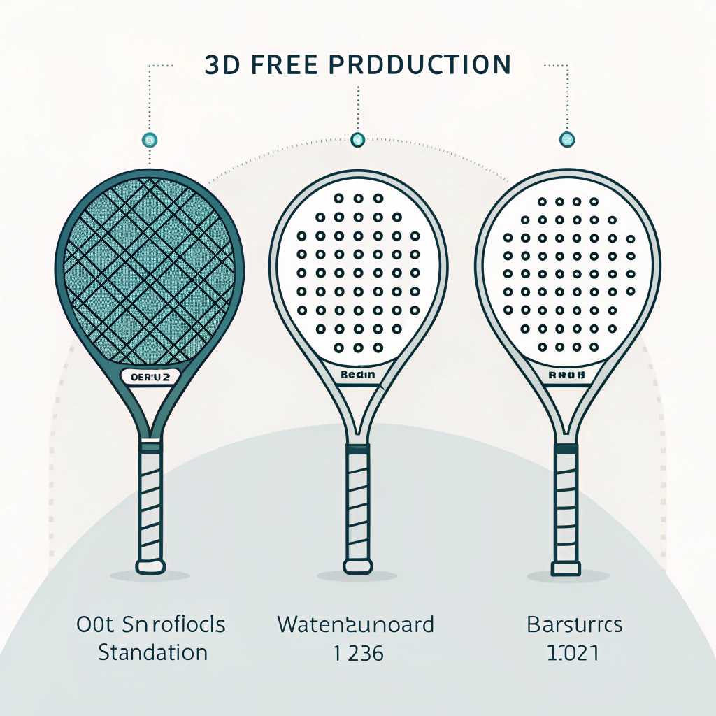 "Flat illustration showing three uniform padel racket shapes in a clean industrial setting."