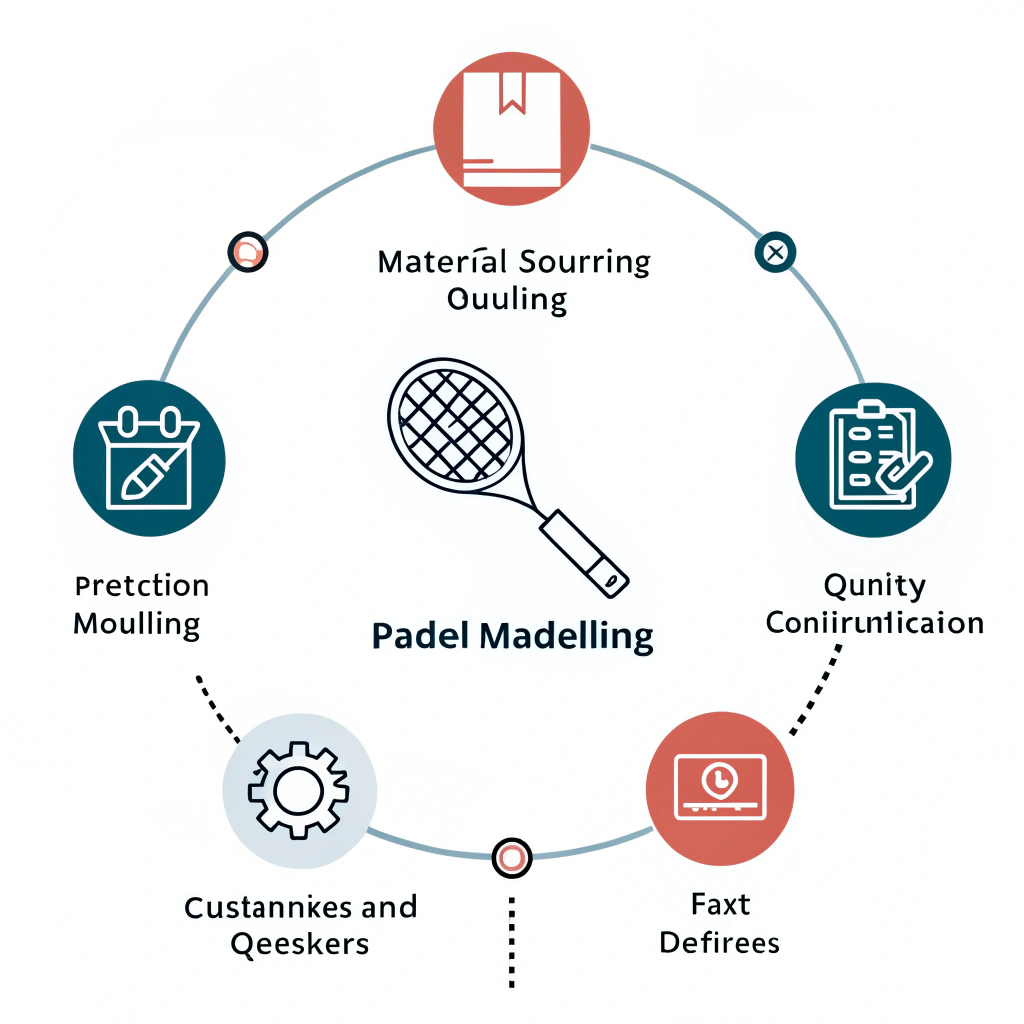 "Minimalist illustration of sequential padel manufacturing process using flat icons"
