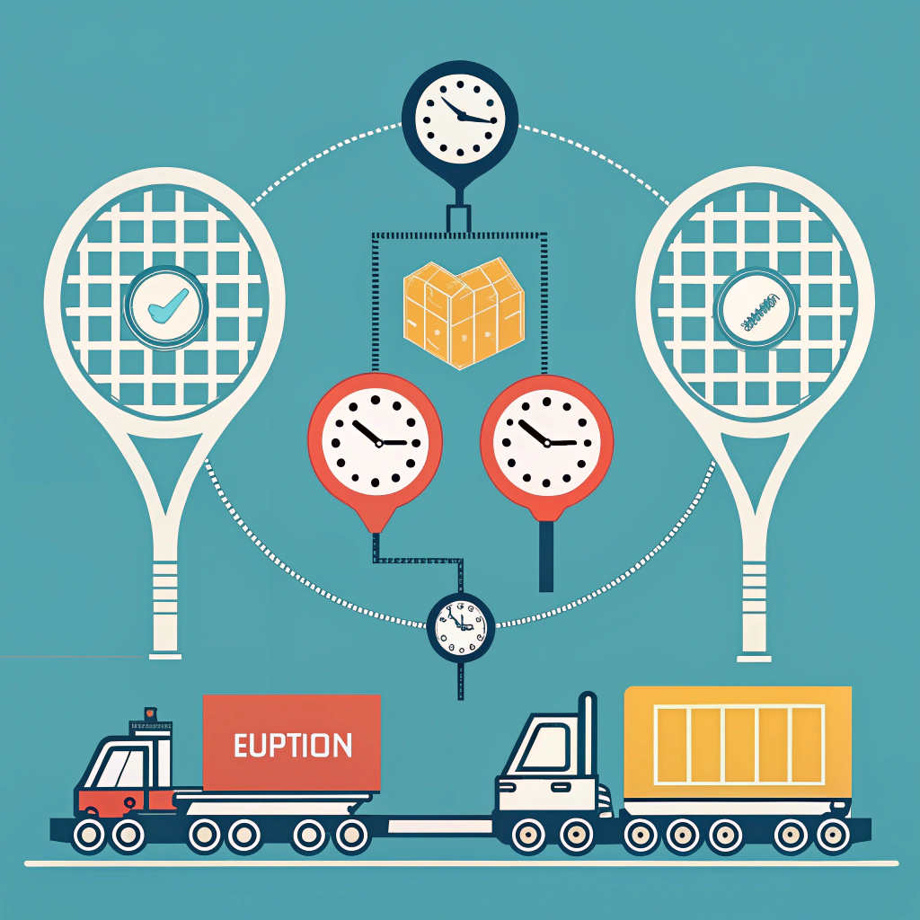 Minimal flat design showing padel rackets with production and shipping logistics icons in a clean, technical style