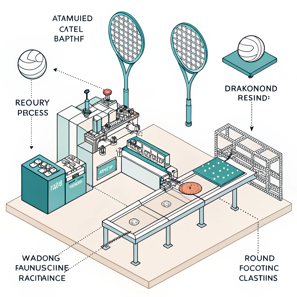 Clean illustration of automated padel racket production with simplified mold shapes