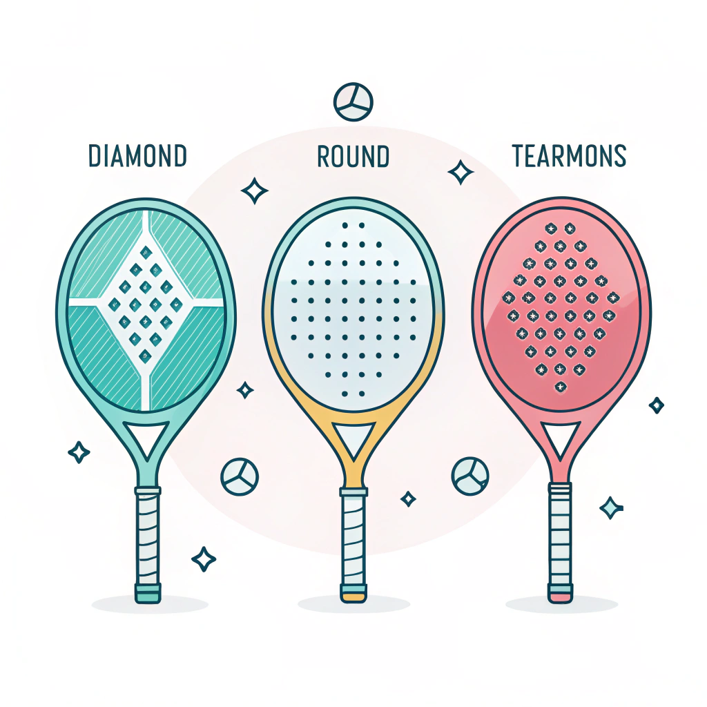 "Vibrant minimalist illustration of diamond, round, and teardrop padel racket shapes."