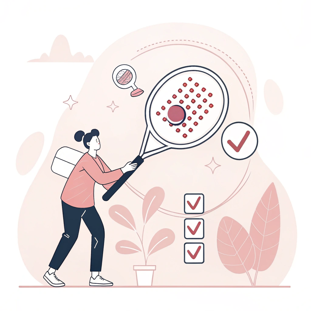 Simplified 2D illustration of quality inspection of a padel racquet using minimalist icons