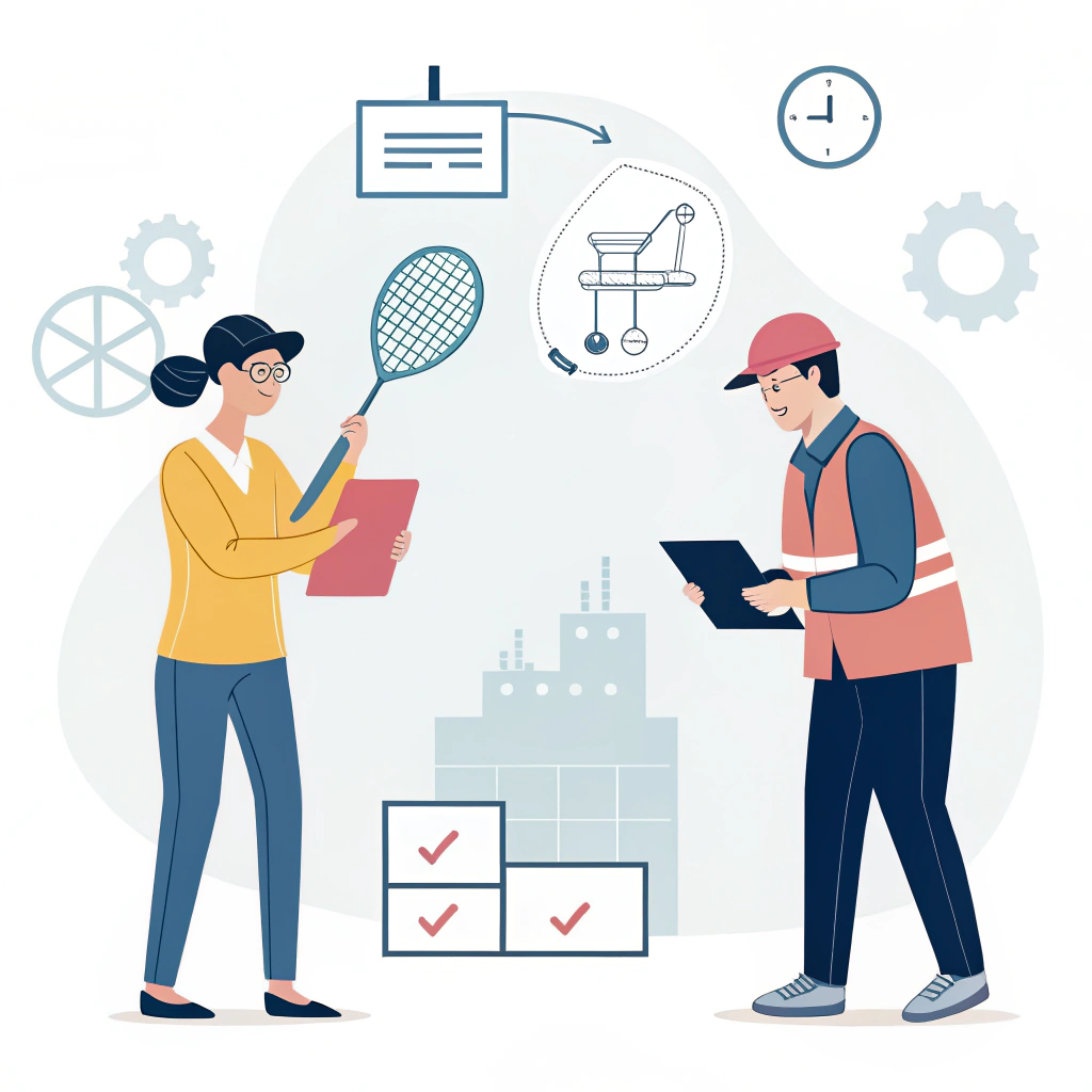 Simplified illustration of a meeting on padel racket quality control and communication