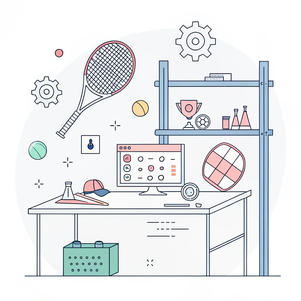 Minimal 2D illustration depicting a rapid prototyping workspace for padel rackets
