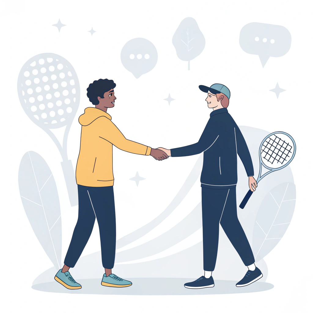 minimalist illustration of a handshake symbolizing OEM partnership with padel elements