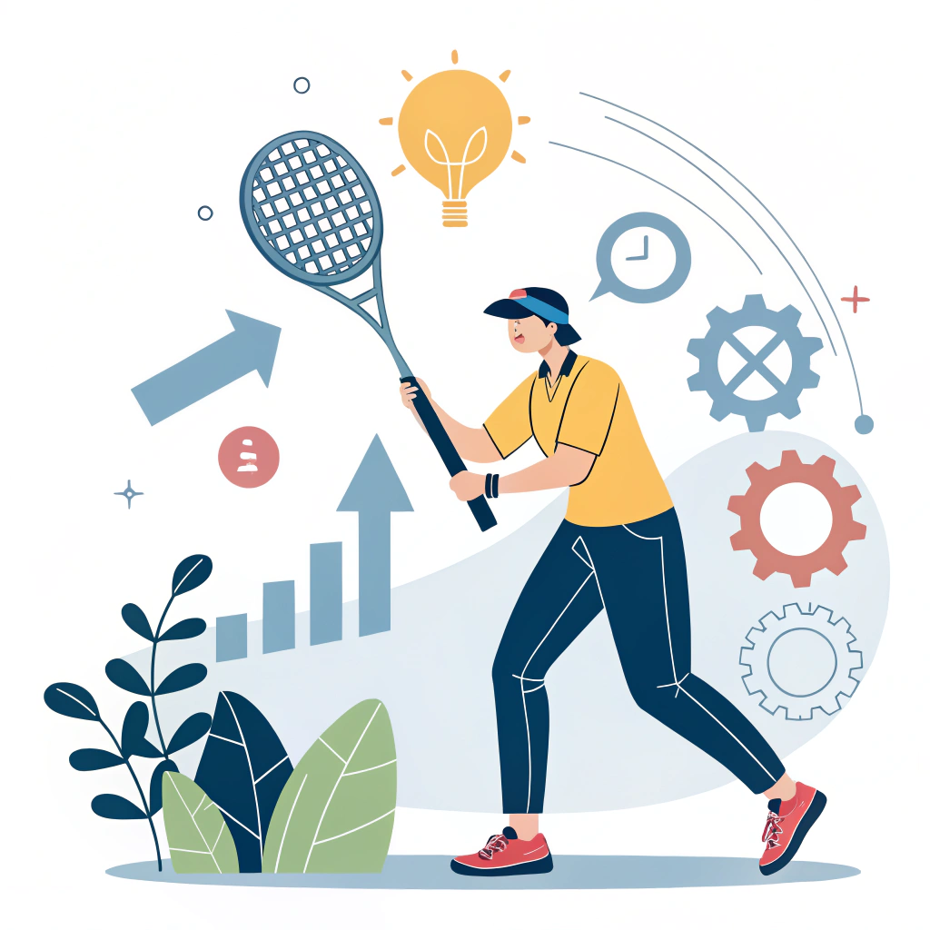 Minimalist 2d illustration of a padel athlete endorsing a modern racket with abstract technical motifs
