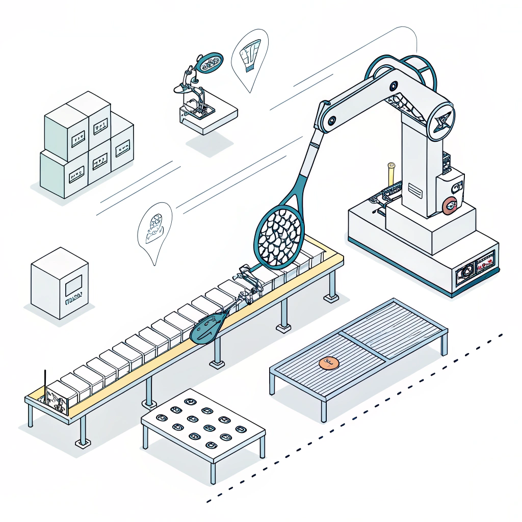Minimal 2D scene of an advanced padel racket production line emphasizing prototyping and quality control.