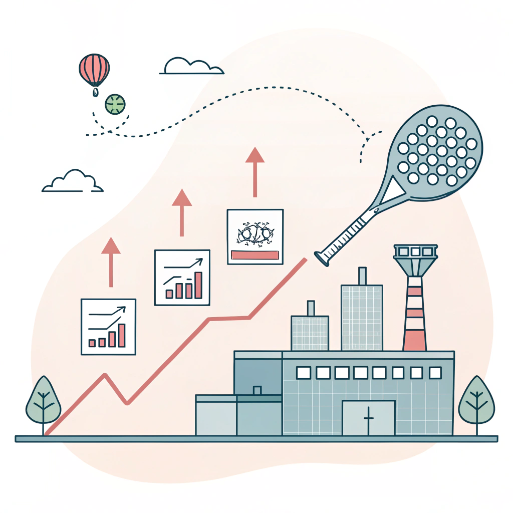 Minimal flat design depicting padel racket production and rising cost impact through abstract icons