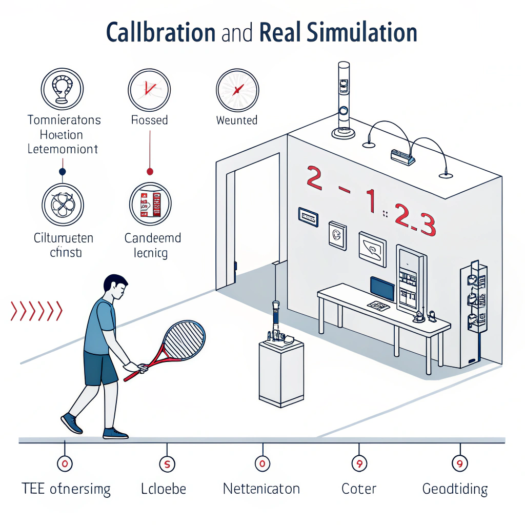 Minimal illustration of padel testing with calibration and simulation icons