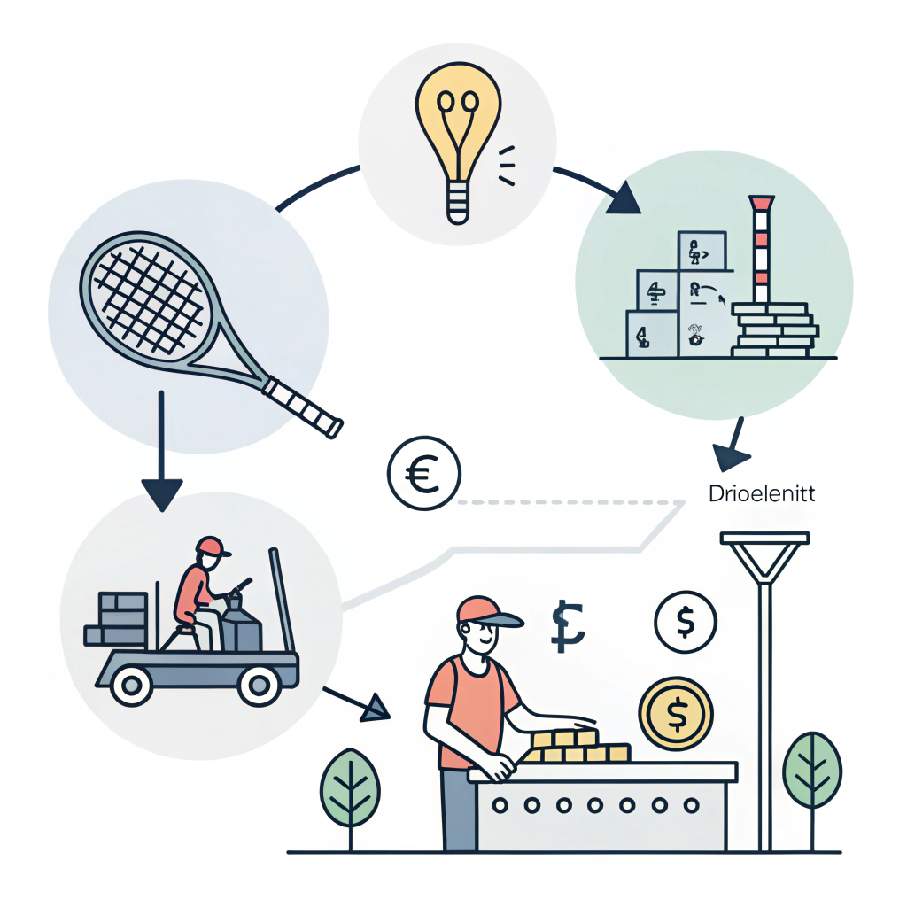 Minimalistic 2D illustration showing payment risks and production challenges in padel manufacturing.